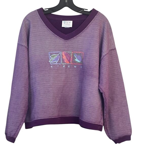 Fresh Produce V-neck Sweatshirt Purple Stripe L 100% Cotton Long Sleeve Beachy - Picture 1 of 11